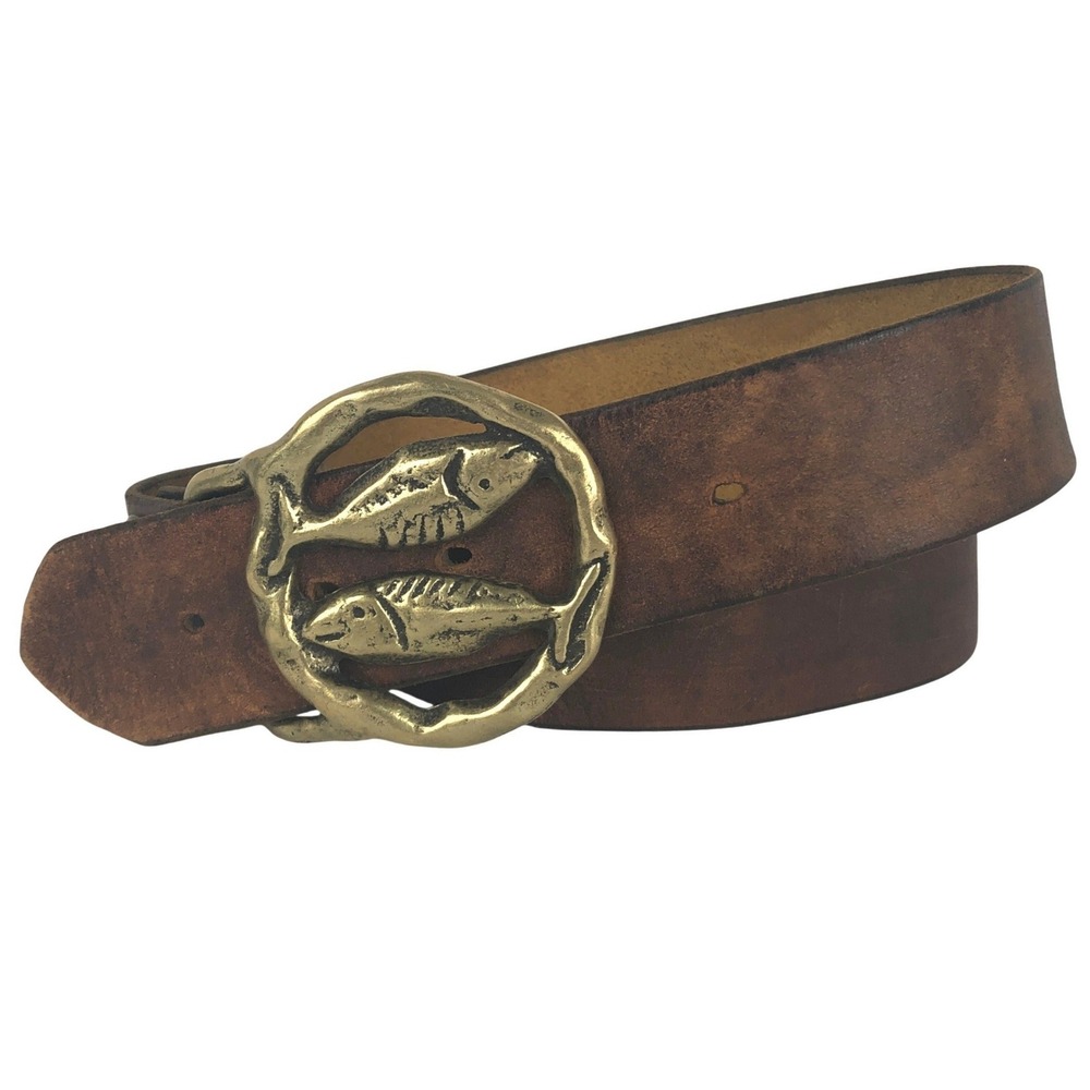 Vintage Pisces Zodiac Brass Fish Buckle Leather Belt Sz 38 Brown Distressed